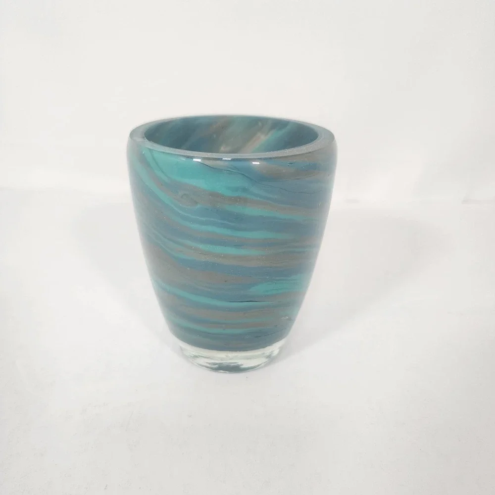 Hand Blown Art Glass Tumbler Blue Aqua Swirl Studio Glass Cup Votive Holder
